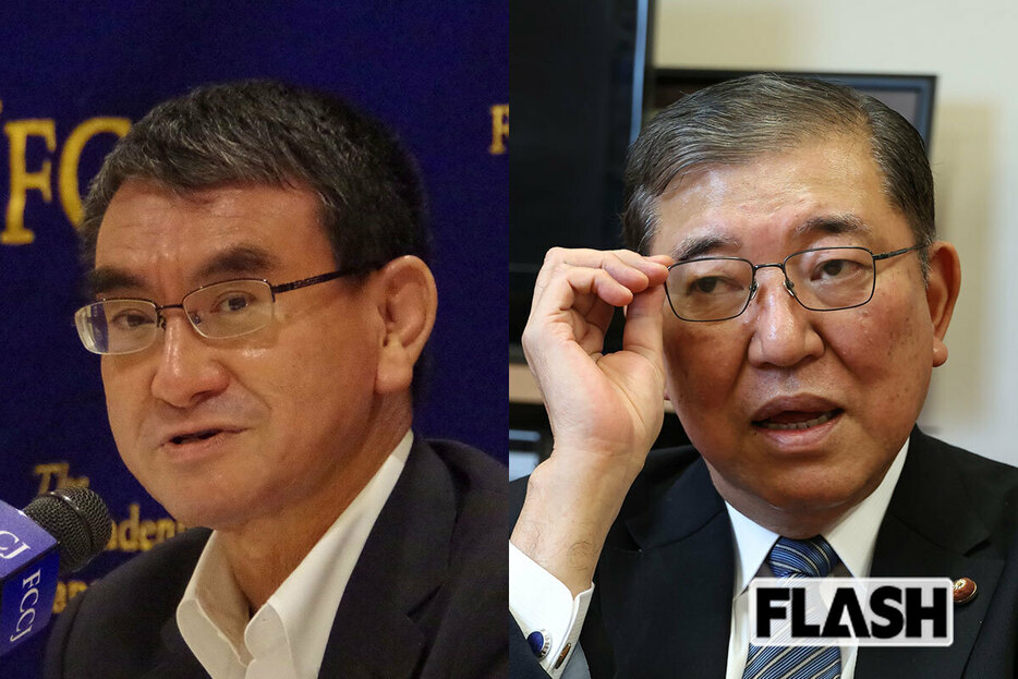 自民党総裁選に立候補した河野太郎氏（左）と石破茂氏