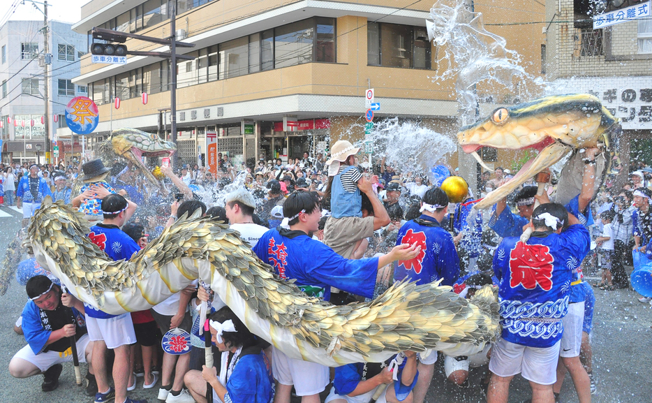 5年ぶりのパレードで迫力満点のパフォーマンスを披露した名物のハブ隊＝4日、鹿児島県奄美市名瀬