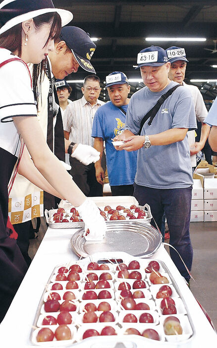 ルビーロマンの試食を配る馳知事（左から２人目）＝２０日午前６時４５分、東京都中央卸売市場大田市場