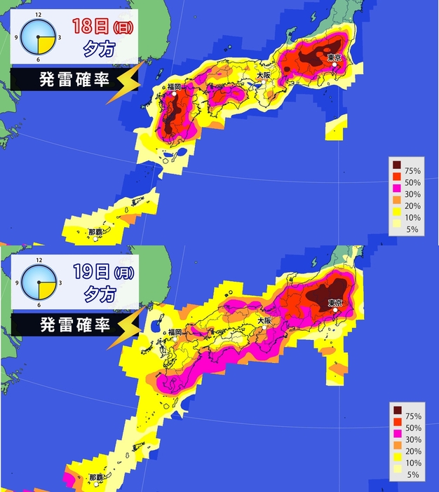 18日と19日の発雷確率(夕方)