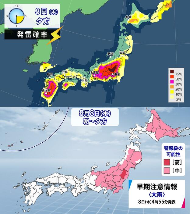 8日(木)夕方の発雷確率と朝～夕方の大雨警報級の可能性