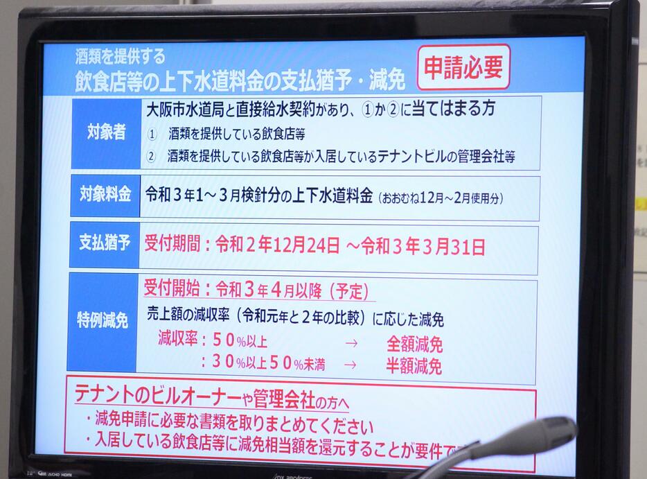 飲食店に対する上下水道料金の支払い猶予・特別減免の説明スライド