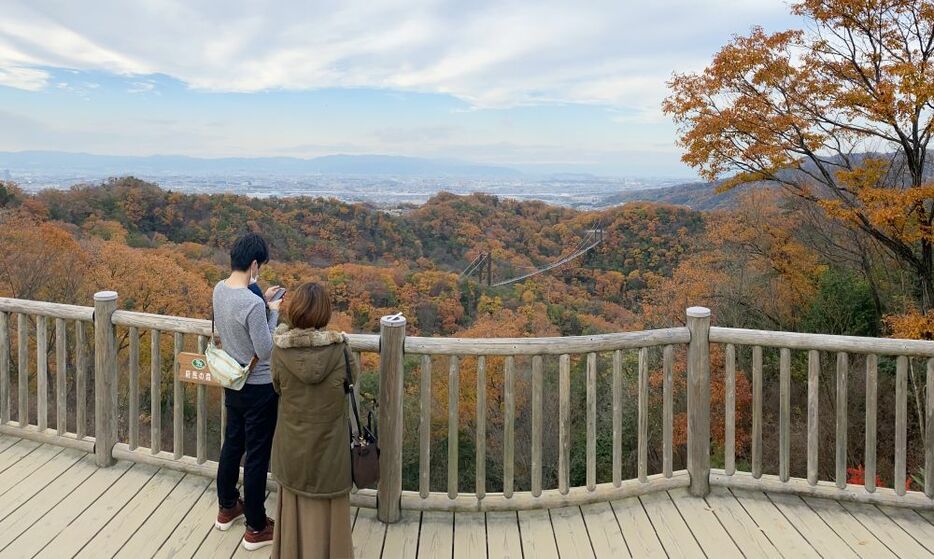 山をのぼってきたカップルは鮮やかな紅葉に思わずパチリ