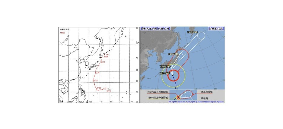 狩野川台風（左）と台風19号（右）の台風経路図（気象庁ホームページより）