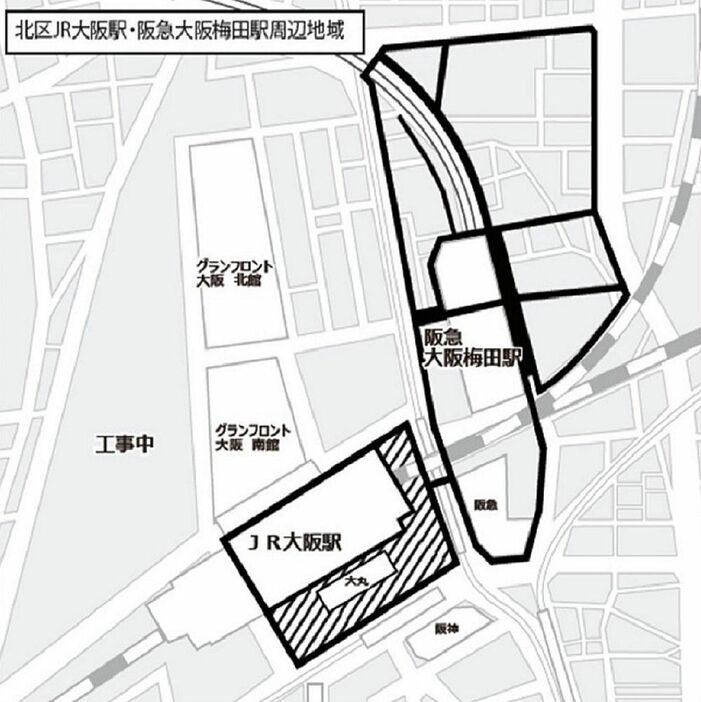 [図]北区JR大阪駅・阪急大阪梅田駅周辺地域の「路上喫煙禁止地区」（提供：大阪市役所）