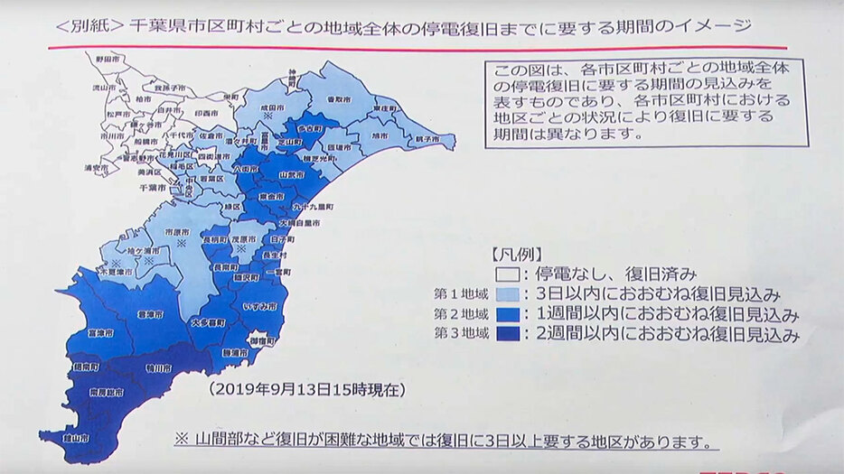 [画像] 会見で配布された資料。復旧に2週間程度かかる地域もあるという