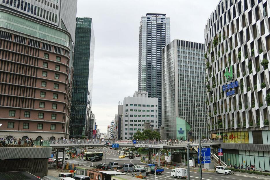 阪急百貨店梅田本店（左端）と阪神百貨店梅田本店（右端）＝大阪市