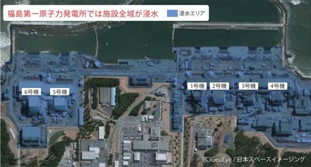 原発の位置関係と被害状況（東京電力「福島第一原子力発電所事故の経過と教訓」より）