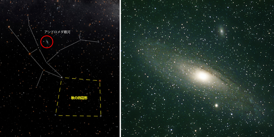 アンドロメダ銀河を肉眼で見るイメージ＜左＞と都会から離れた場所で望遠鏡を使って撮影したアンドロメダ銀河＜右＞、（写真提供：葛飾区郷土と天文の博物館）