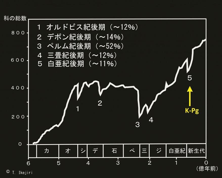 Image2．生物史におけるビッグファイブ大絶滅。Raup ＆ Sepkoski (1982：脚注5)をもとに作成。