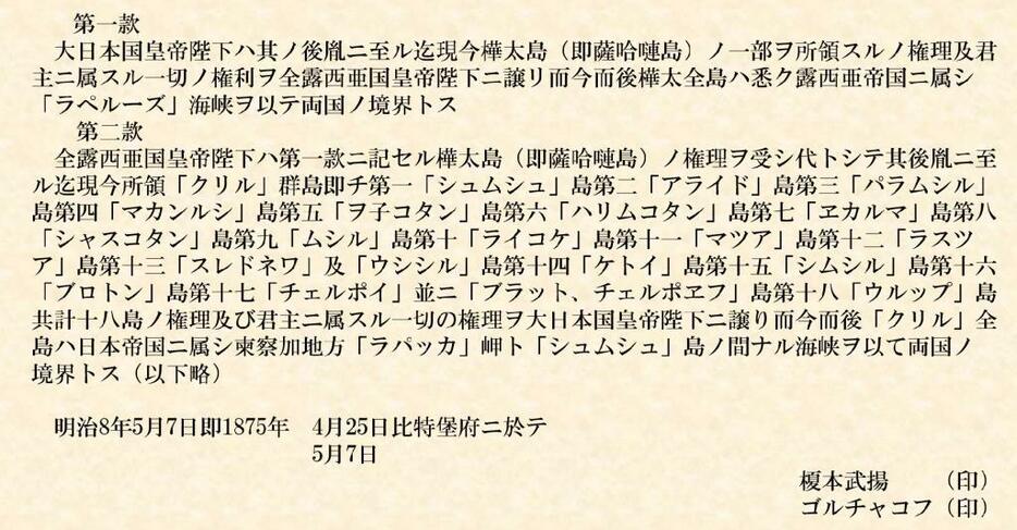 樺太千島交換条約には千島列島の島としてウルップ島以北の18島名のみ書かれている