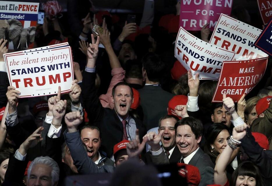 隠れトランプ支持者がどのくらいいたかが話題になったアメリカ大統領選。勝利集会で喜ぶトランプ氏の支持者たち（写真：ロイター/アフロ）