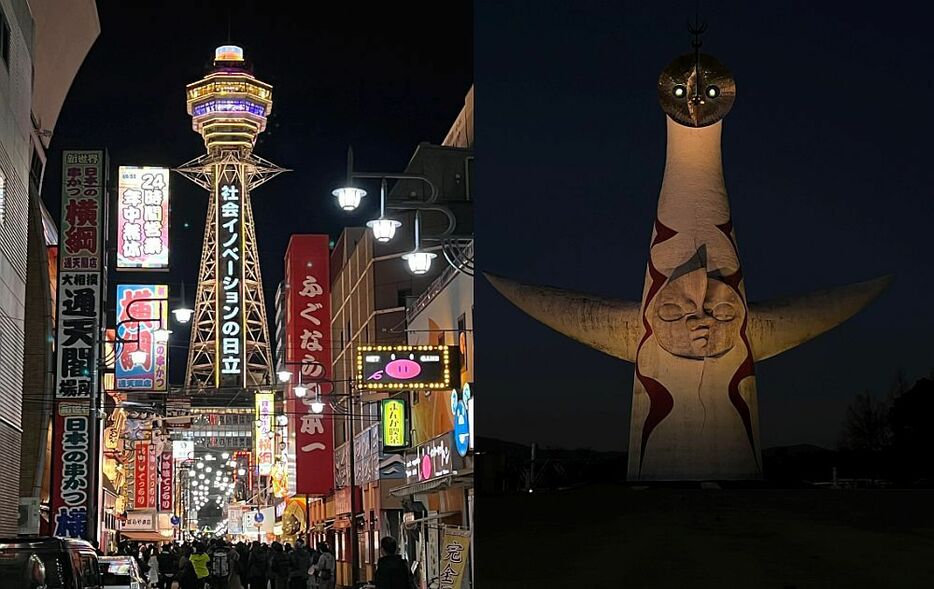 大阪の観光スポット通天閣（大阪市浪速区）と万博記念公園にある太陽の塔（大阪府吹田市）が8日夜、黄色にライトアップされた。新型コロナウイルスの感染状況を判断する大阪府独自の指標「大阪モデル」が現在の警戒解除を示す緑色から警戒の黄信号となったため