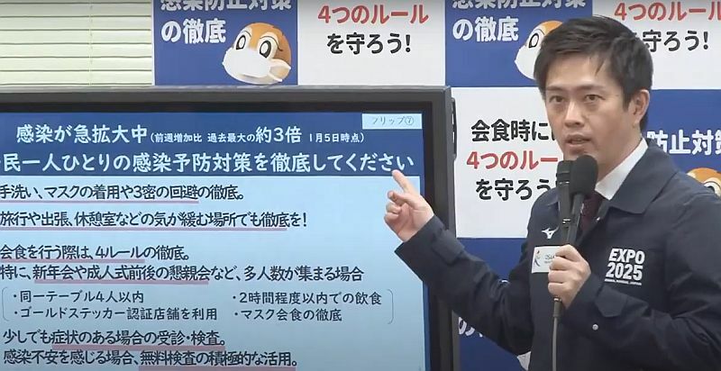 [写真]府民に対しても一人ひとりの感染対策の徹底を呼びかける吉村洋文知事＝6日午後、大阪府庁で