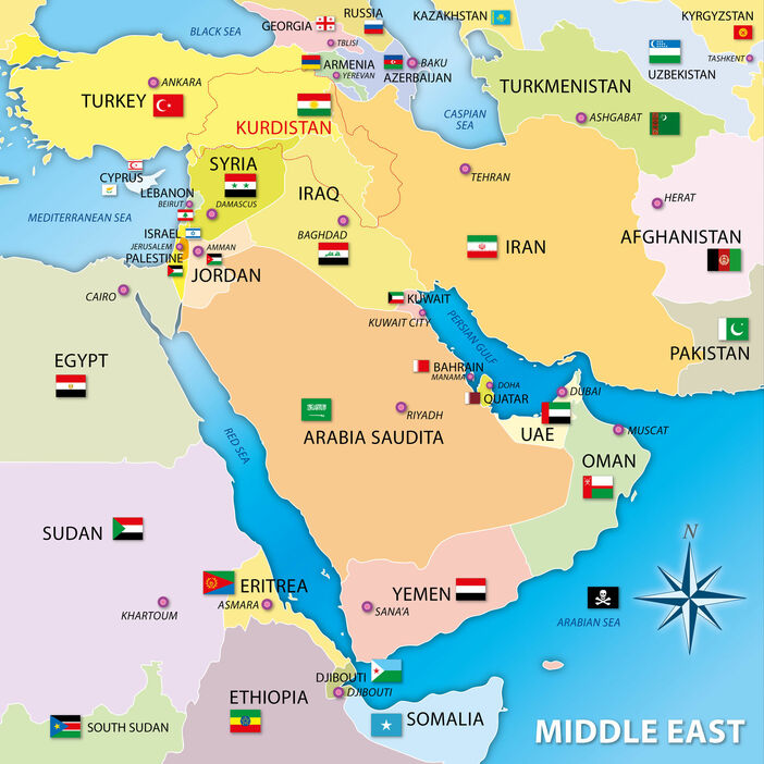 中東の地図。レバノンは左上のシリアの隣（写真：アフロ）