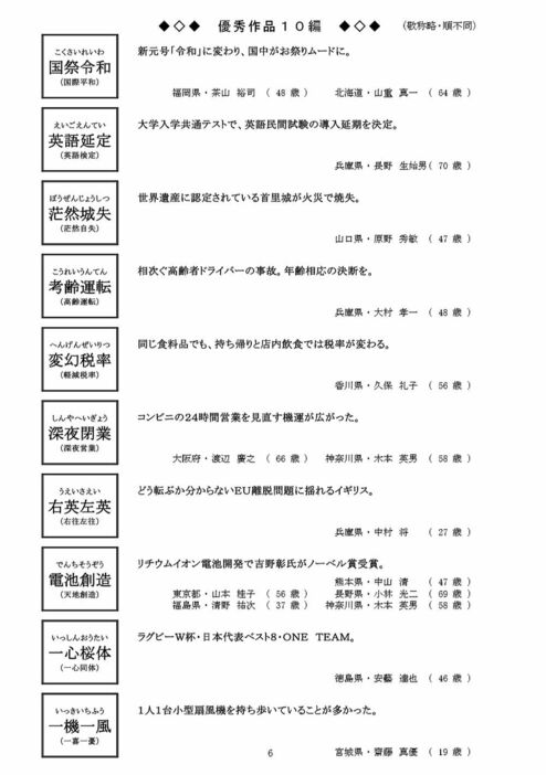 2019年「今年の四字熟語」優秀作品10作と選考理由（提供：住友生命保険）