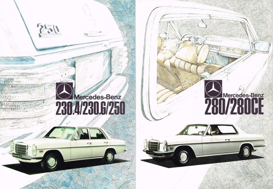 日本版メルセデス・ベンツカタログ。W114の230/250（左）と280/280CE（1976年ウエスタン自動車制作）。