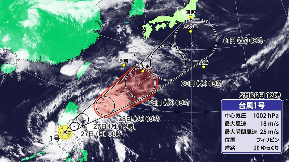 26日(日)正午の台風1号の位置と予想進路