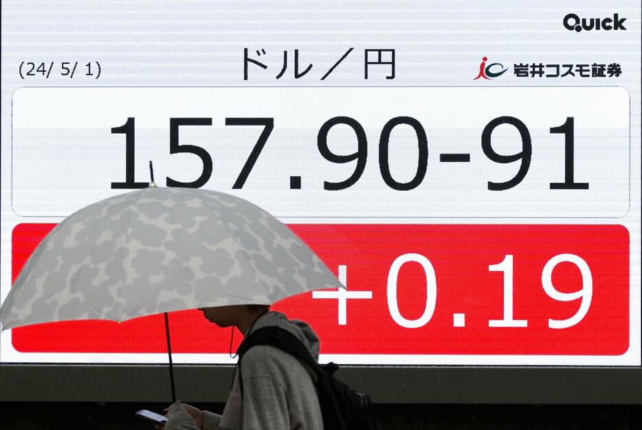 1ドル＝157円台後半を示すモニター＝1日午後、東京・日本橋茅場町