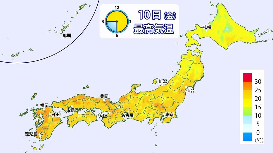 10日(金)の最高気温マップ