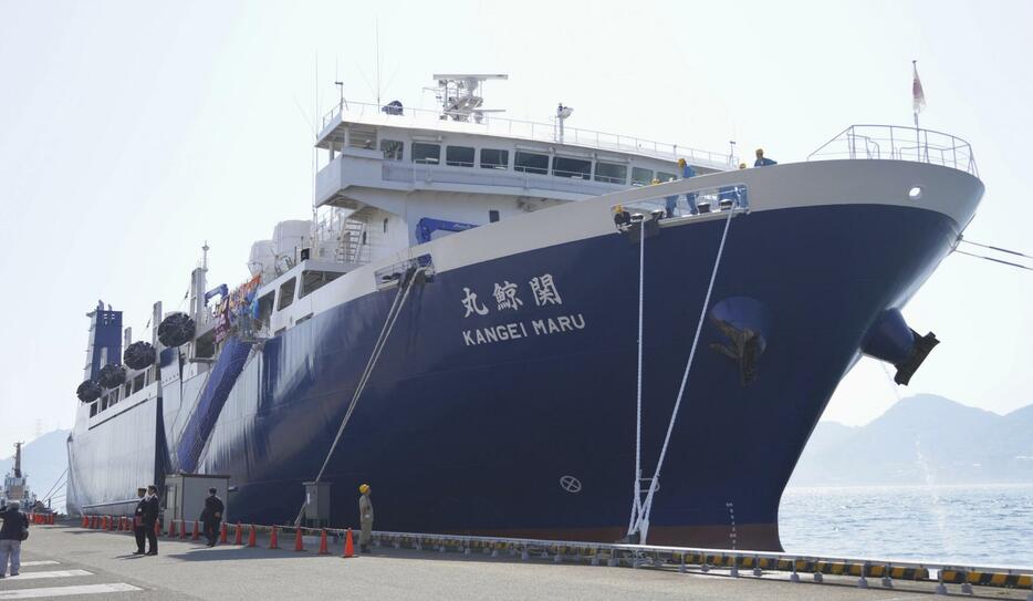 共同船舶の新たな捕鯨母船「関鯨丸」＝21日午前、山口県下関市