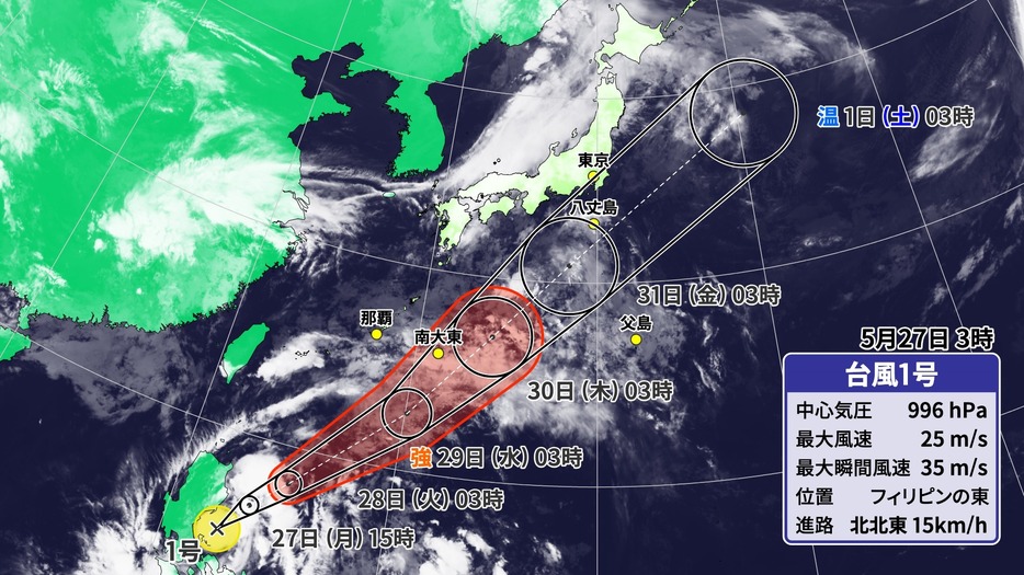 27日(月)午前3時現在の台風1号の位置と予想進路