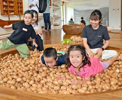 ヤンバルクイナの卵を模した木のおもちゃで遊ぶ子どもたち＝１４日、国頭村辺土名・やんばる森のおもちゃ美術館（竹尾智勇撮影）