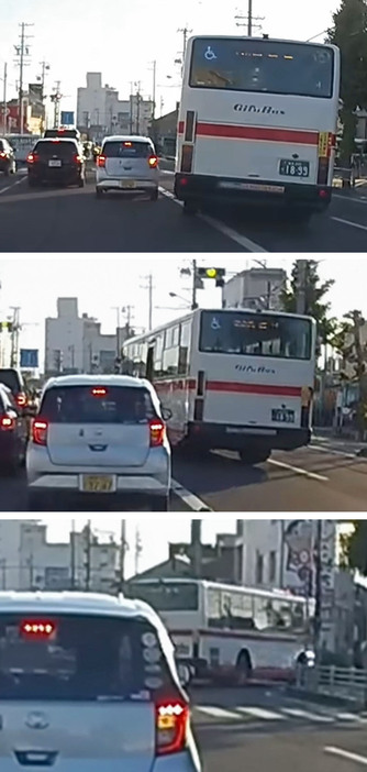 動画投稿サイトに公開された、岐阜バスが対向車線を逆走する形で前方の車列を追い越し交差点を右折する様子（上から）＝8日、岐阜市鹿島町（YouTubeメディア　綾人サロン提供）