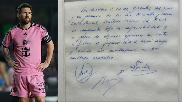 メッシ選手が13歳のころに書いたバルセロナ加入に合意した「紙ナプキン契約書」(写真：AP/アフロ)(写真：ロイター/アフロ)