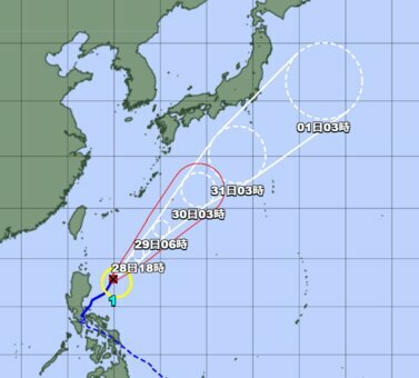 28日午前6時現在の台風1号の進路予想図（気象庁のHPから）