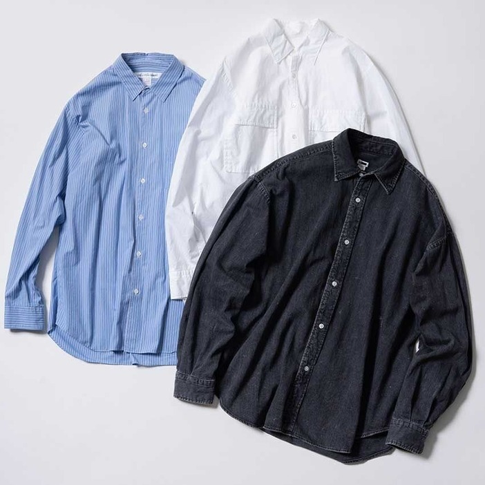 （左から）「コム デ ギャルソン」のストライプシャツ、「コロン」の白シャツ、「エイチ ビューティー＆ユース」のシャツ（菊池さん 私物）