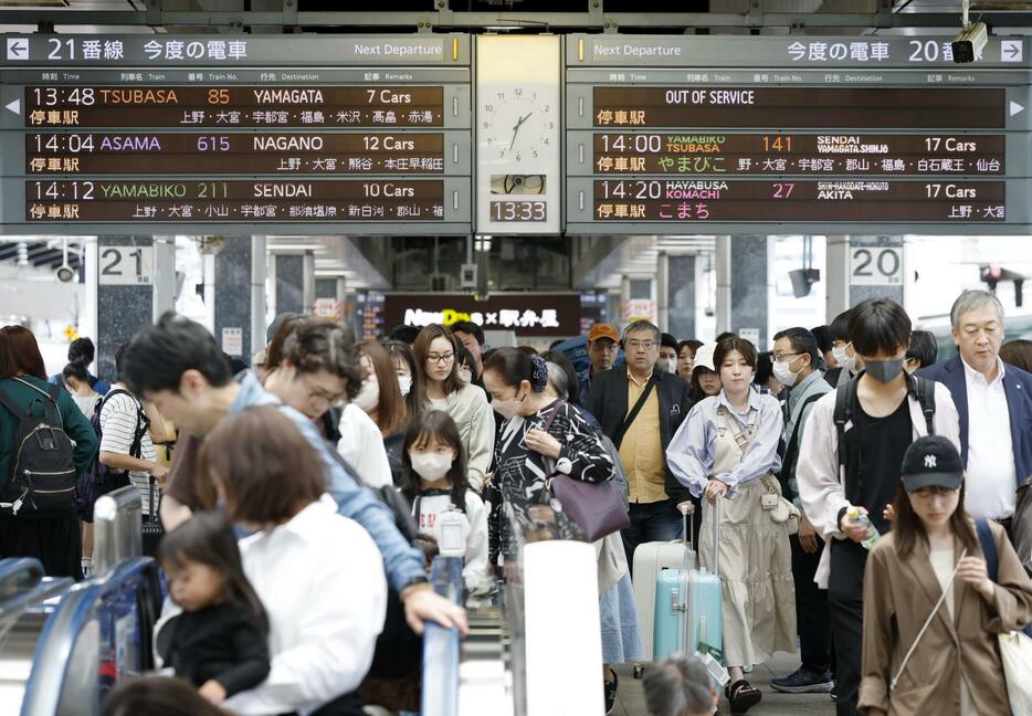 ゴールデンウイーク最終日、利用客で混雑するJR東京駅の新幹線ホーム。古里や観光地から日常へ戻る人の流れで上りのピークを迎えた＝6日午後