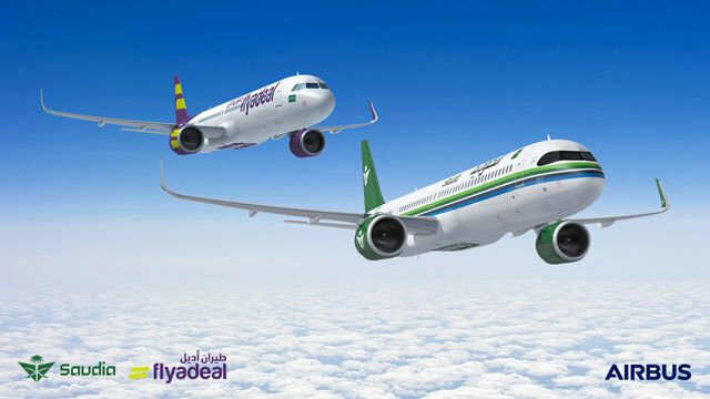A320neoファミリーを追加発注したサウディア・グループのサウディアとグループのLCCフライアディール（エアバス提供）