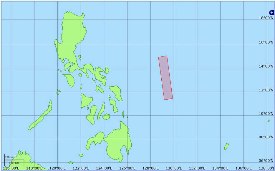 北朝鮮の通報を受けてフィリピン沖の太平洋に設定された海域を示した図。海上保安庁の水路通報・航行警報位置図から引用