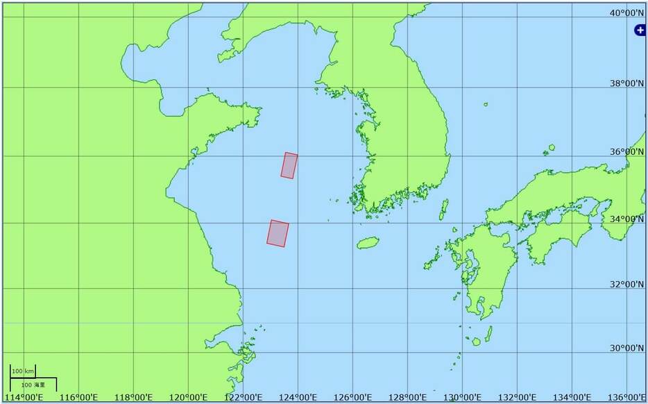 北朝鮮の通報を受けて黄海に設定された計2か所の海域を示した図。海上保安庁の水路通報・航行警報位置図から引用