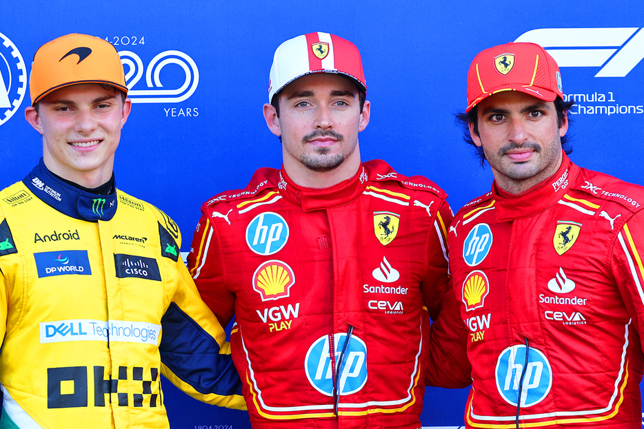 2024年F1第8戦モナコGP　PPのシャルル・ルクレール（フェラーリ）、2番手オスカー・ピアストリ（マクラーレン）、3番手カルロス・サインツ（フェラーリ）