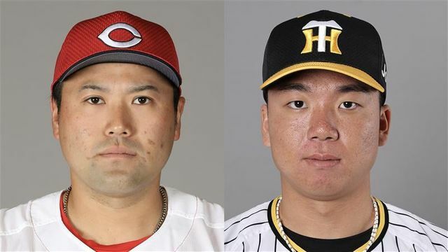 広島・末包昇大選手(左)と阪神・村上頌樹選手(右)