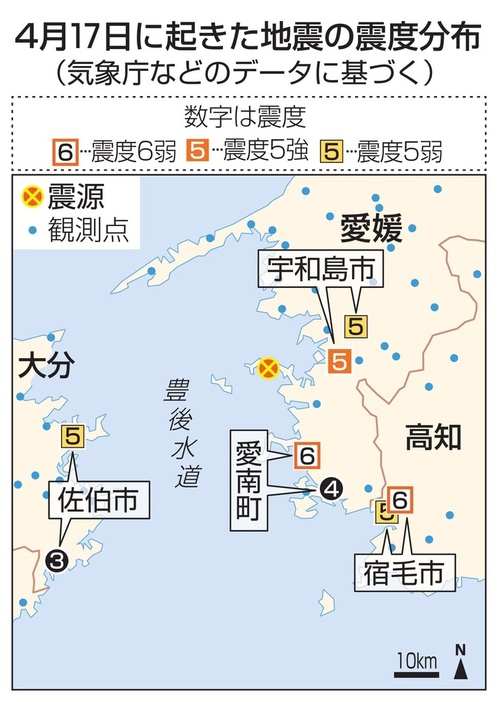 4月17日に起きた地震の震度分布