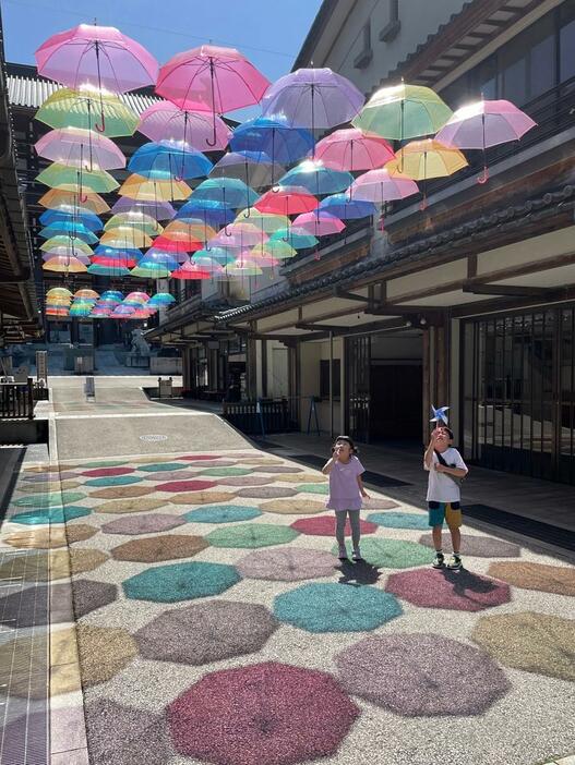色とりどりの傘が一帯を彩る「アンブレラスカイ」＝4月28日、福井県勝山市片瀬