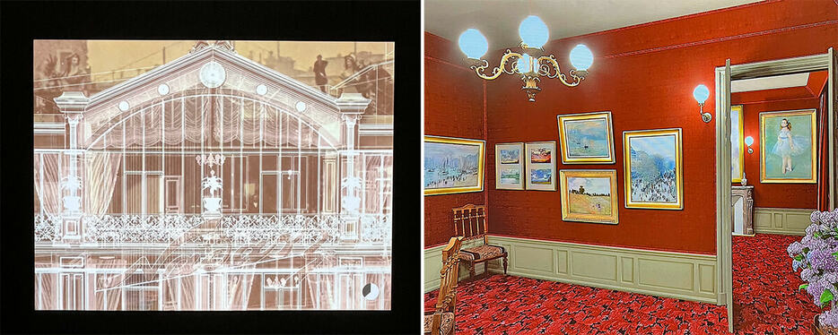 会場では、1874年のナダールのスタジオとその中で行われた展覧会を映像で紹介。クロード・モネの『ひなげし』や『キャプシーヌ大通り』『印象・日の出』などが展示されている様子を見ることができる。photos: Mariko Omura