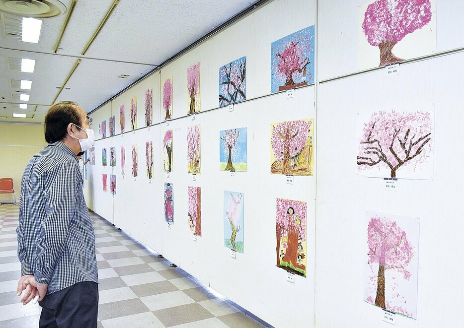 子供たちが伸び伸びと描いた桜の絵画