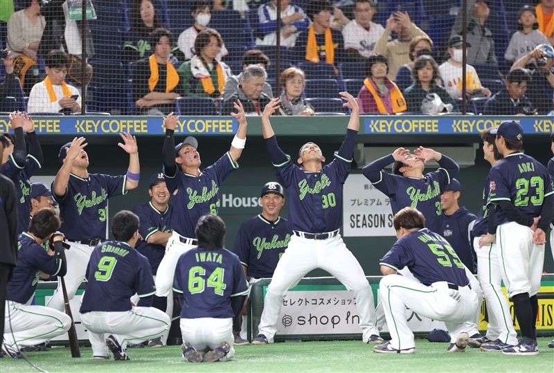 試合前円陣で気合を入れるヤクルトの（左から）北村拓、増田、西田、松本