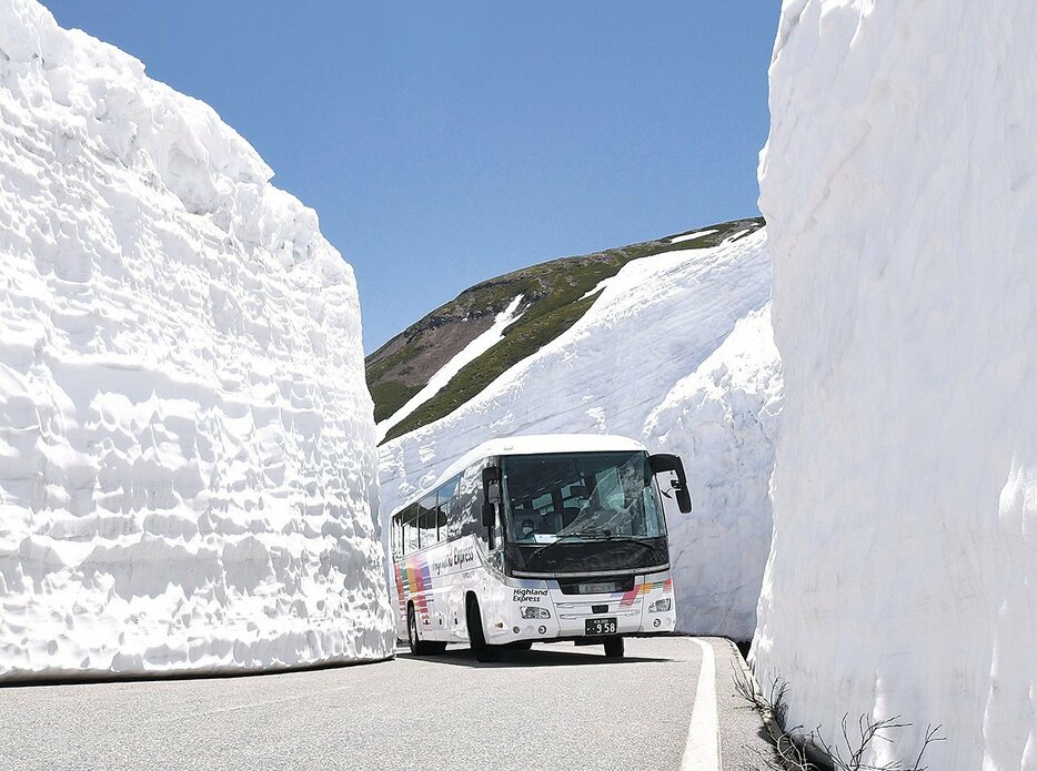 10メートルを超える雪の壁の中を走る春山バス