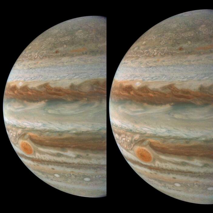 【▲ アメリカ航空宇宙局（NASA）の木星探査機「ジュノー」の可視光カメラ「JunoCam」で撮影された木星。2024年3月7日に取得されたデータをもとに市民科学者のGerald Eichstädtさんが作成