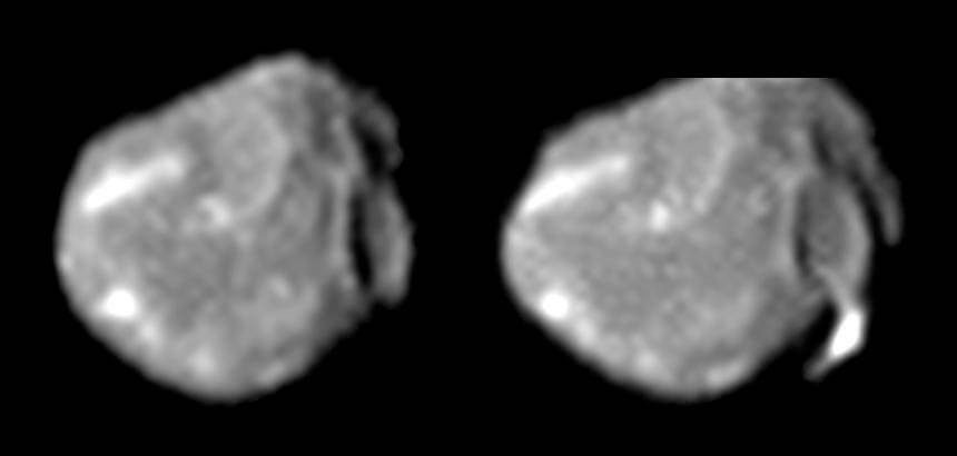 参考画像：アメリカ航空宇宙局（NASA）の木星探査機「ガリレオ」が1999年8月（左）と同年11月（右）に撮影した木星の衛星アマルテア