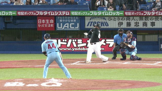 初球からフルスイングするロッテ澤田圭佑投手