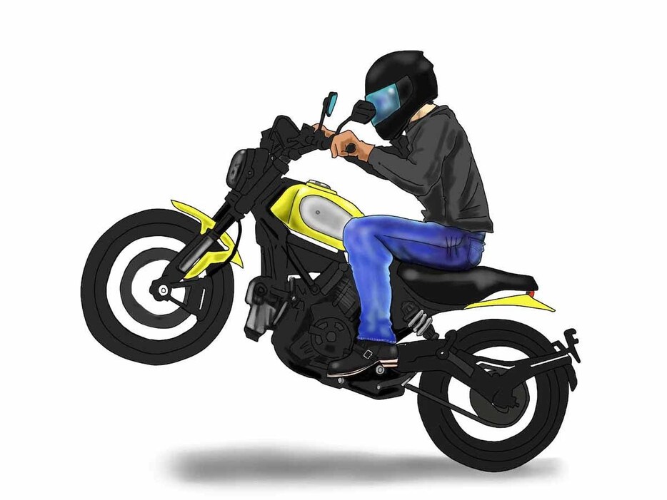 ウイリーなどのスタントを行う競技用バイクが源流という説もある（イラストはイメージ）