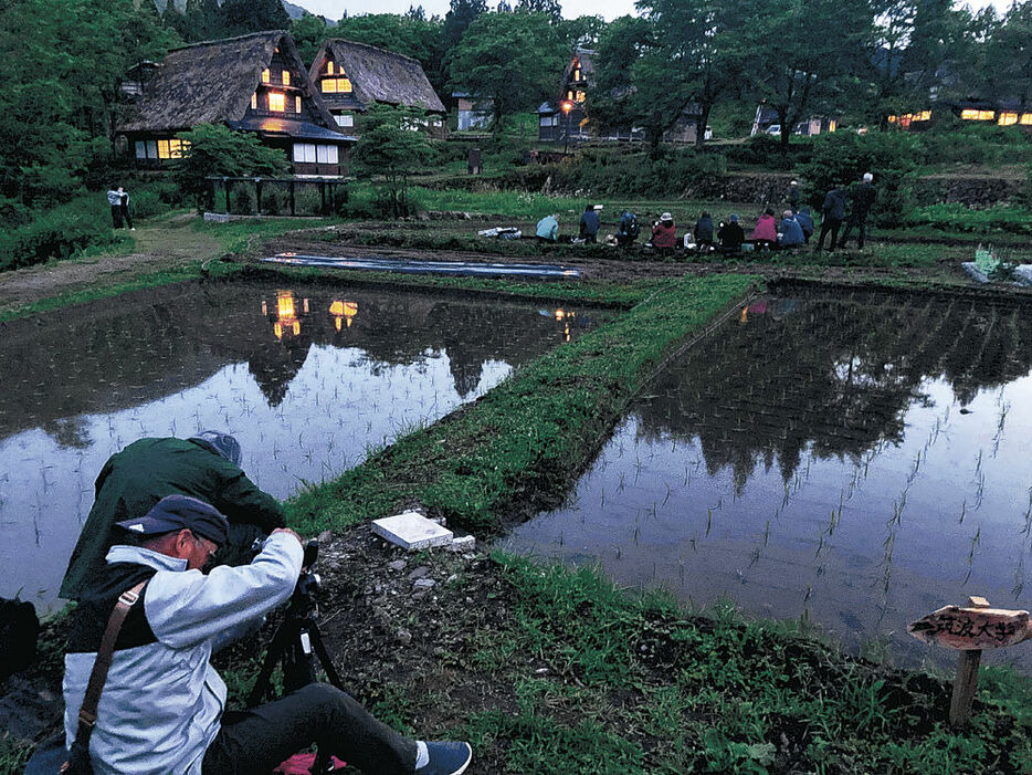 水田に映り込む「逆さ合掌」を撮影する写真愛好者＝南砺市の相倉合掌造り集落