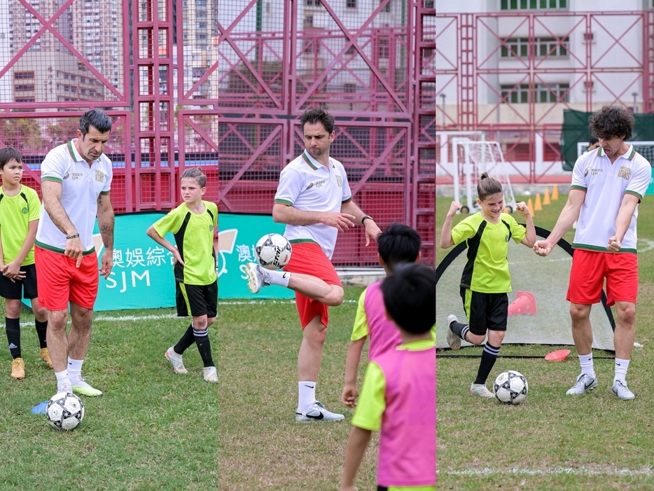 マカオのサッカー少年に指導を行うフィーゴ、ポスティガ、ティアゴ＝2024年5月18日（写真：SJM Resorts S.A.）