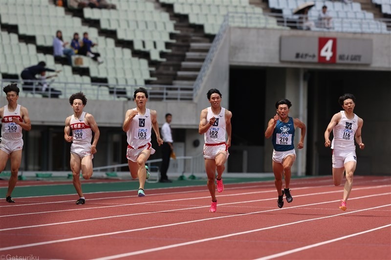 写真は第100回大会男子1部200m決勝の様子